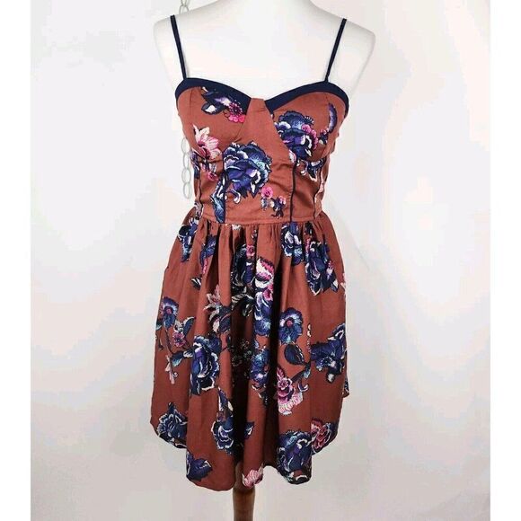 Band of Gypsies Brown Floral Smocked Bustier Fit Flare Mini Sundress Pockets M - Picture 1 of 11